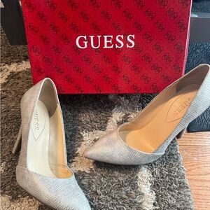 GUESS Taupe Textured Pointed-Toe Heels